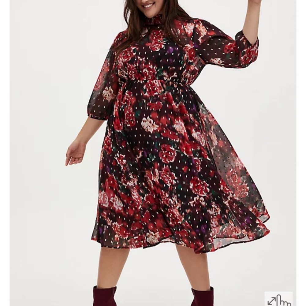 Torrid BURGUNDY PURPLE FLORAL CHIFFON MOCK NECK MIDI DRESS